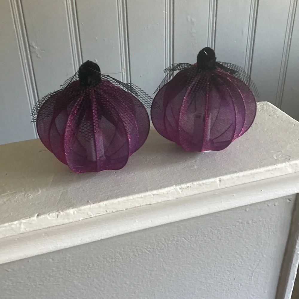 NWT- 2- Elegant Purple Lace Covered Light Up LED Halloween Pumpkin Decorations